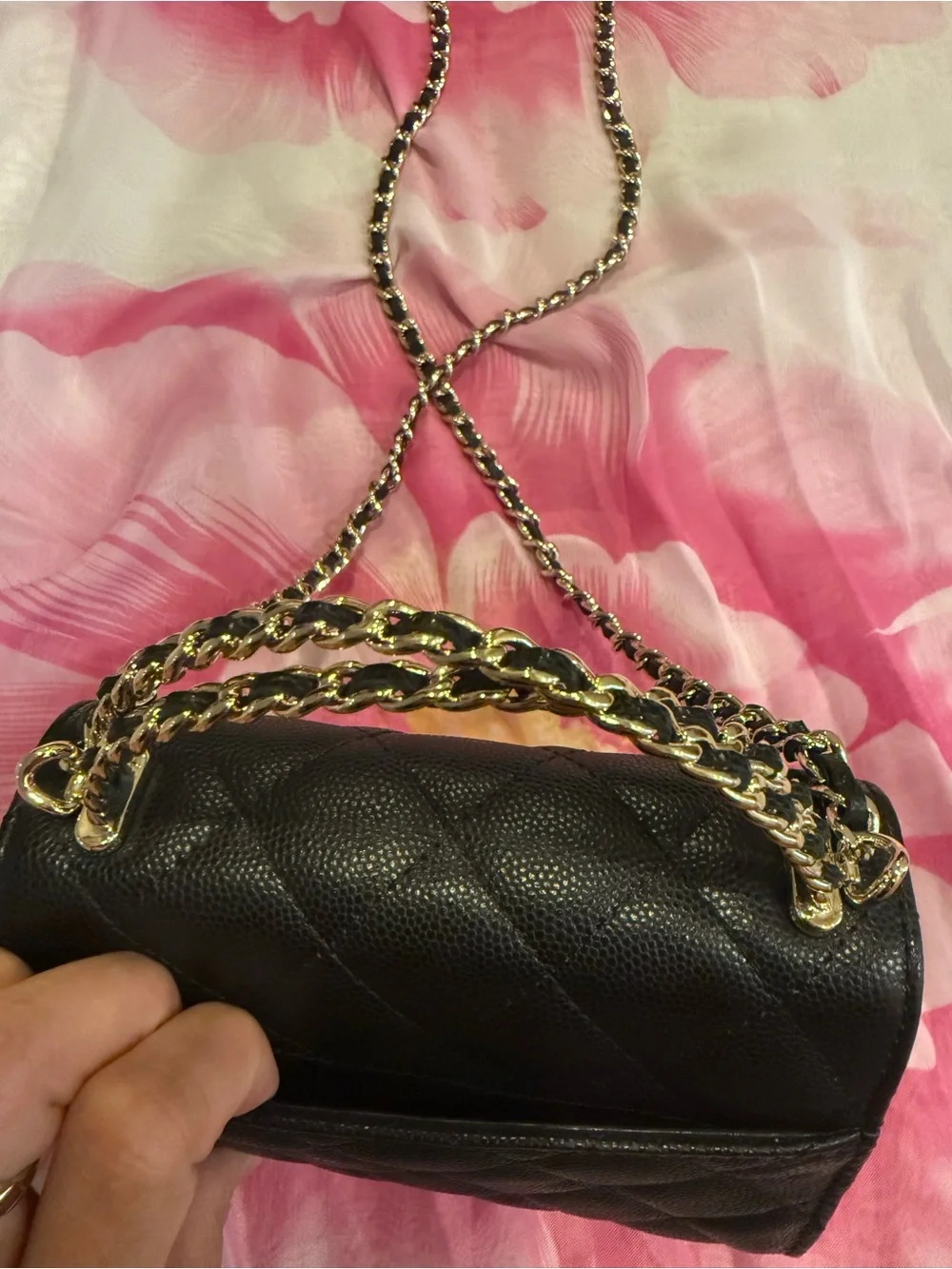 Black Quilted Leather Shoulder Bag with Chain Strap